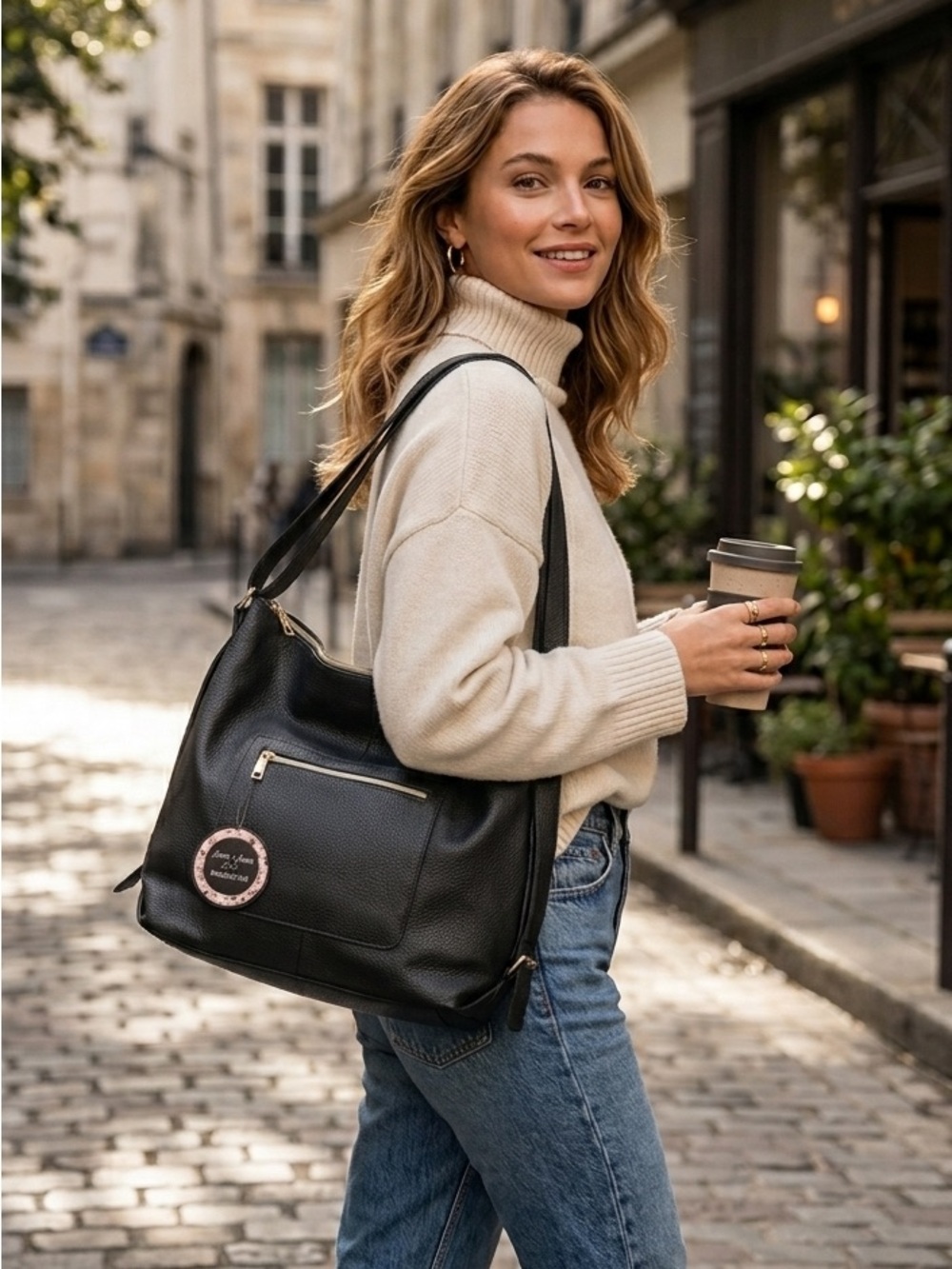 Classic Black Shoulder Bag with Front Zip Pocket